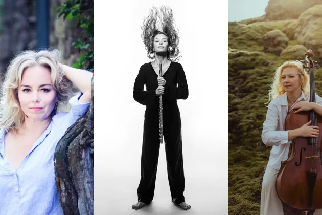 Fotokollage av cellisten Amalie Stalheim, sopranen Elisabet Strid och flöjtisten Laura Michelin.
