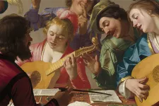 Oljemålning av musiker som spelar olika instrument.
